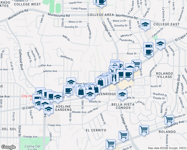 map of restaurants, bars, coffee shops, grocery stores, and more near 4642 59th Street in San Diego