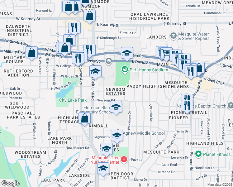 map of restaurants, bars, coffee shops, grocery stores, and more near 329 Newsome Road in Mesquite