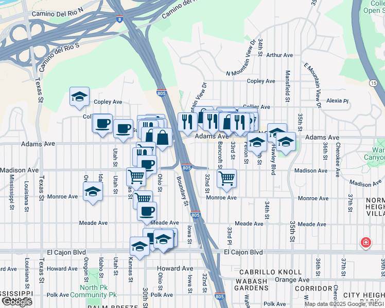 map of restaurants, bars, coffee shops, grocery stores, and more near 4648 Iowa Street in San Diego