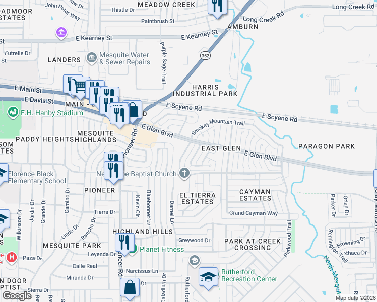 map of restaurants, bars, coffee shops, grocery stores, and more near 439 Appomattox Drive in Mesquite