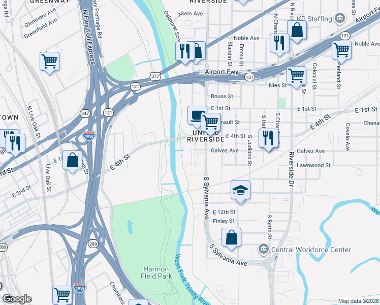 map of restaurants, bars, coffee shops, grocery stores, and more near 2501 Lawnwood Street in Fort Worth
