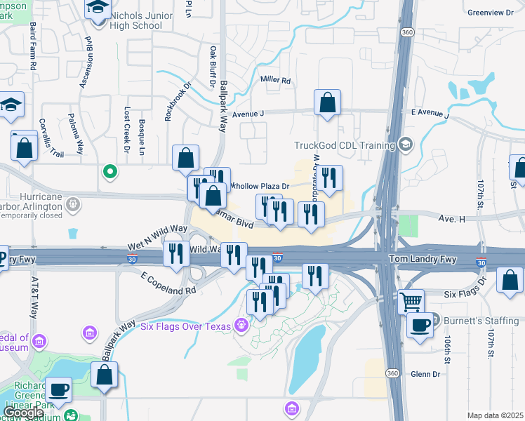 map of restaurants, bars, coffee shops, grocery stores, and more near 2201 East Lamar Boulevard in Arlington