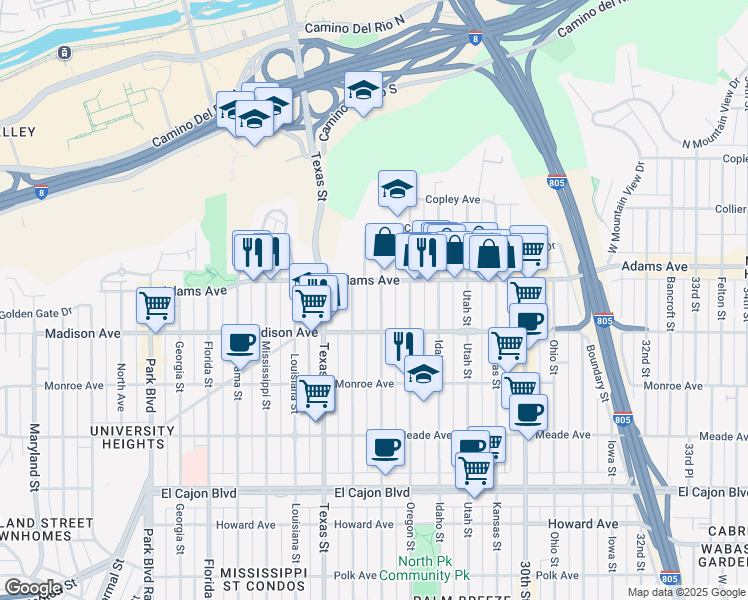 map of restaurants, bars, coffee shops, grocery stores, and more near 4664 Hamilton Street in San Diego