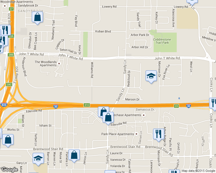 map of restaurants, bars, coffee shops, grocery stores, and more near 7300 Anderson Boulevard in Fort Worth