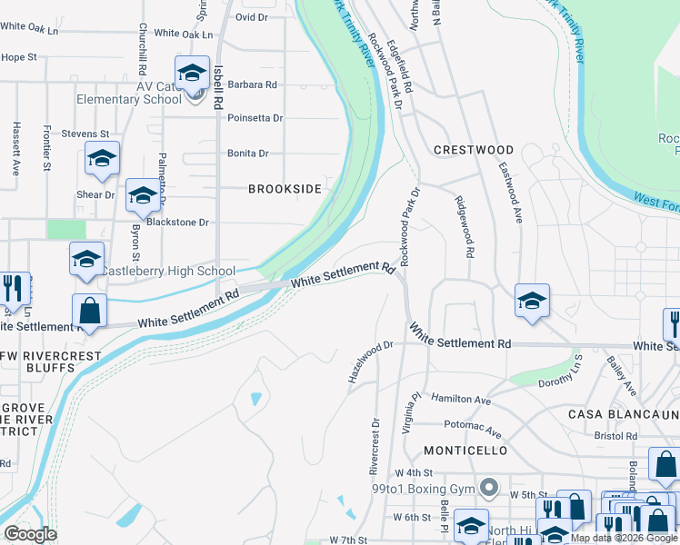map of restaurants, bars, coffee shops, grocery stores, and more near White Settlement Road in Tarrant County