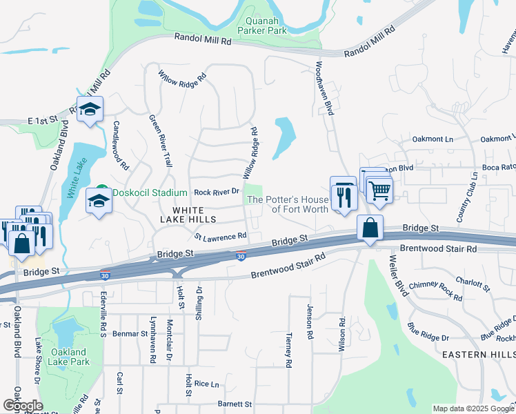 map of restaurants, bars, coffee shops, grocery stores, and more near 1001 Willow Ridge Road in Fort Worth