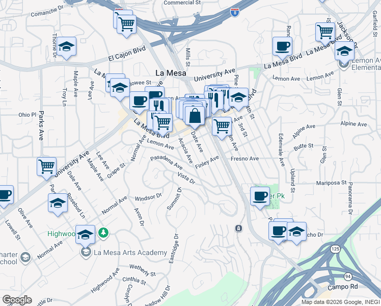 map of restaurants, bars, coffee shops, grocery stores, and more near 4541 Acacia Avenue in La Mesa