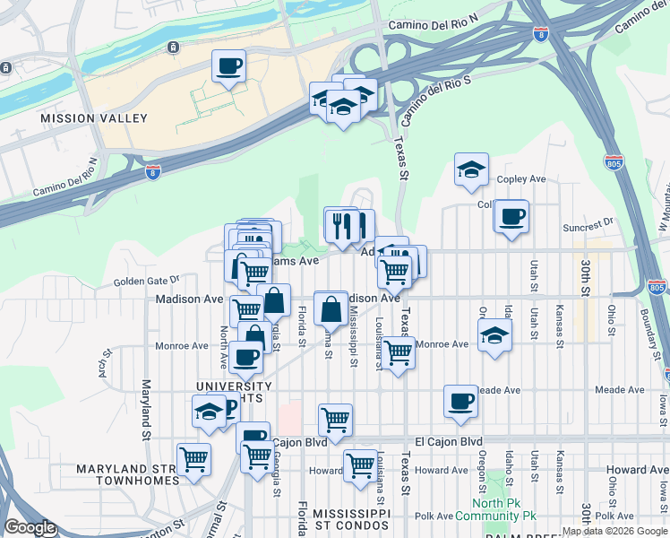 map of restaurants, bars, coffee shops, grocery stores, and more near 4625 Alabama Street in San Diego