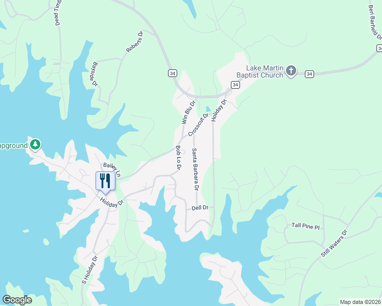 map of restaurants, bars, coffee shops, grocery stores, and more near 213 Santa Barbara Drive in Dadeville