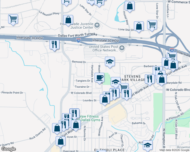 map of restaurants, bars, coffee shops, grocery stores, and more near 1330 Hartsdale Drive in Dallas
