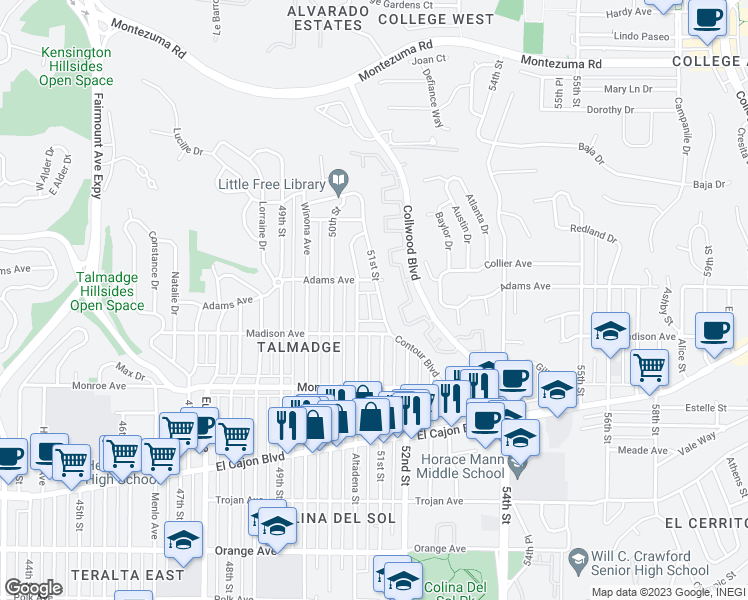 map of restaurants, bars, coffee shops, grocery stores, and more near 4664 51st Street in San Diego