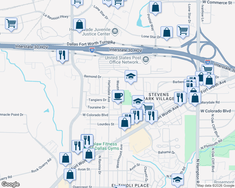 map of restaurants, bars, coffee shops, grocery stores, and more near 1300 Westmount Avenue in Dallas