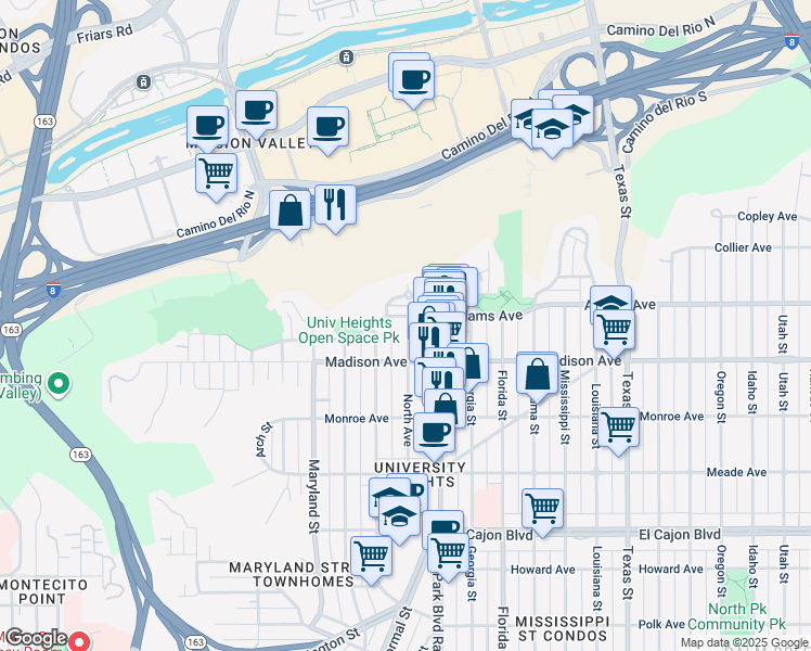 map of restaurants, bars, coffee shops, grocery stores, and more near 4662 North Avenue in San Diego