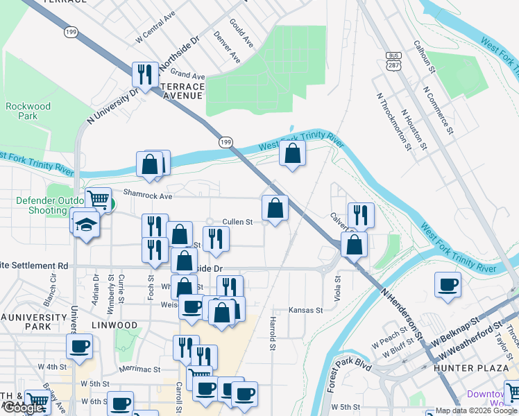 map of restaurants, bars, coffee shops, grocery stores, and more near 2400 Cullen Street in Fort Worth