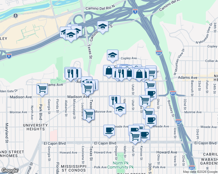 map of restaurants, bars, coffee shops, grocery stores, and more near 4620 Hamilton Street in San Diego
