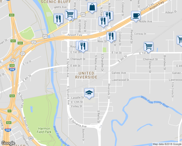 map of restaurants, bars, coffee shops, grocery stores, and more near 401 South Judkins Street in Fort Worth