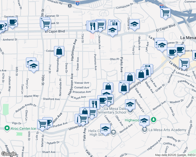map of restaurants, bars, coffee shops, grocery stores, and more near 4605 Pomona Avenue in La Mesa
