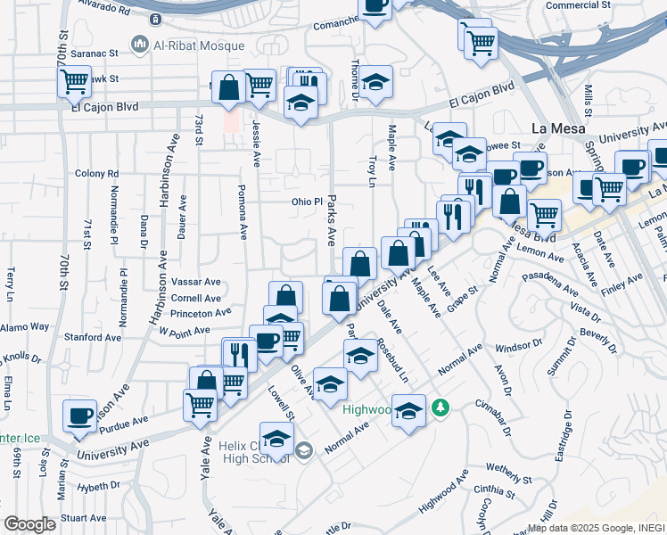 map of restaurants, bars, coffee shops, grocery stores, and more near 7575 Seneca Place in La Mesa