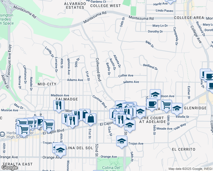 map of restaurants, bars, coffee shops, grocery stores, and more near 4200 Collwood Lane in San Diego
