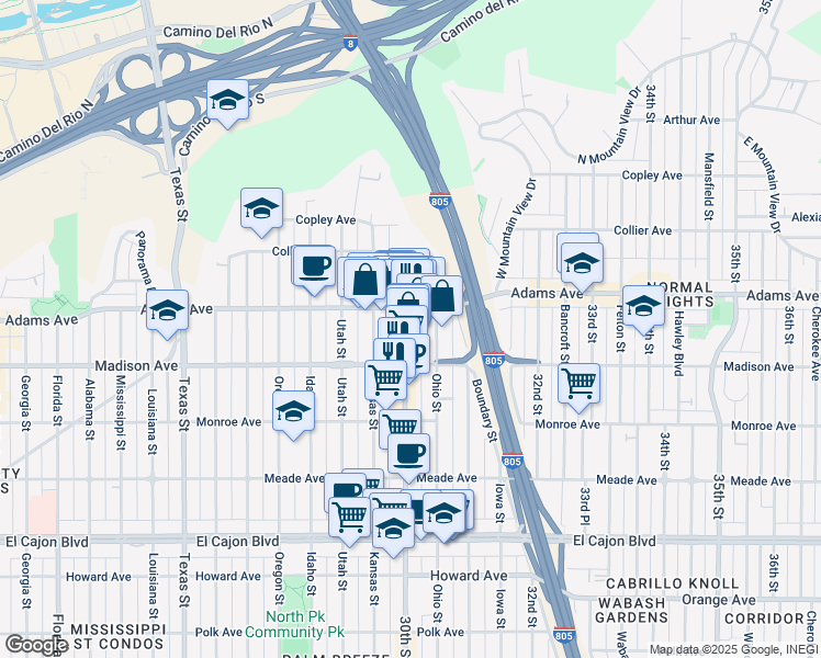 map of restaurants, bars, coffee shops, grocery stores, and more near 4622 1/2 30th Street in San Diego