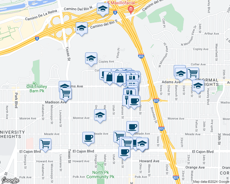 map of restaurants, bars, coffee shops, grocery stores, and more near 4602 Kansas Street in San Diego