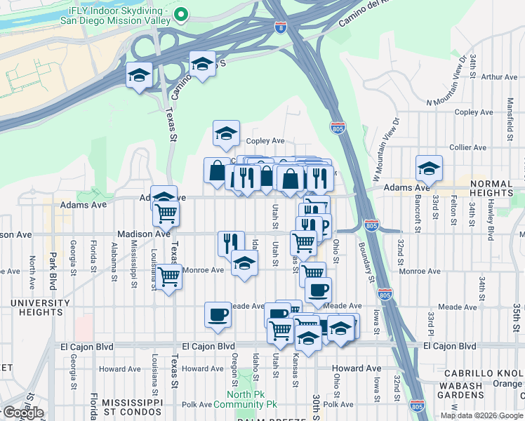 map of restaurants, bars, coffee shops, grocery stores, and more near 4623 Idaho Street in San Diego