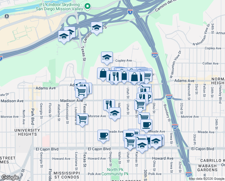 map of restaurants, bars, coffee shops, grocery stores, and more near 2716 Madison Avenue in San Diego
