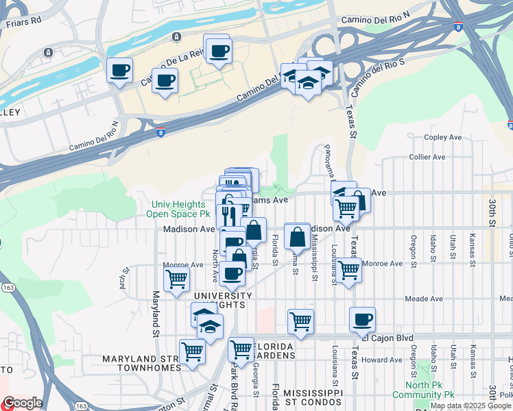 map of restaurants, bars, coffee shops, grocery stores, and more near 4628 Georgia Street in San Diego