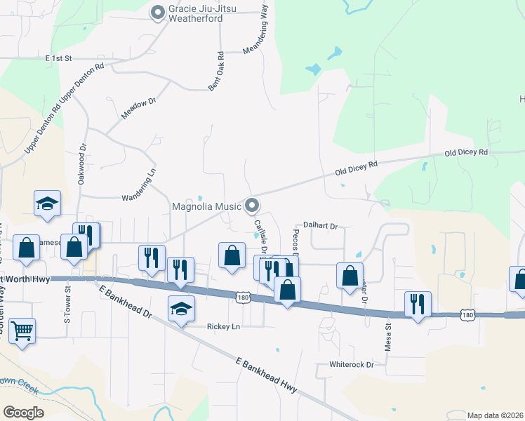 map of restaurants, bars, coffee shops, grocery stores, and more near 1508 Old Dicey Road in Weatherford