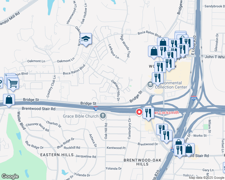 map of restaurants, bars, coffee shops, grocery stores, and more near 6151 Oakland Hills Drive in Fort Worth