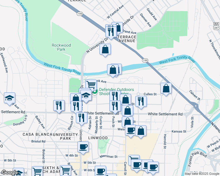 map of restaurants, bars, coffee shops, grocery stores, and more near 2821 Cullen St in Fort Worth