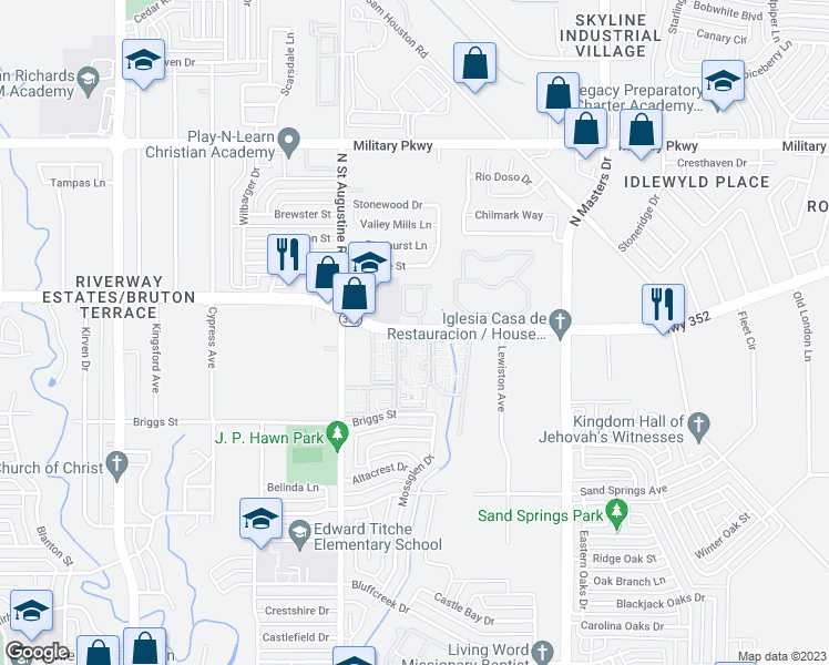 map of restaurants, bars, coffee shops, grocery stores, and more near 9780 Scyene Road in Dallas