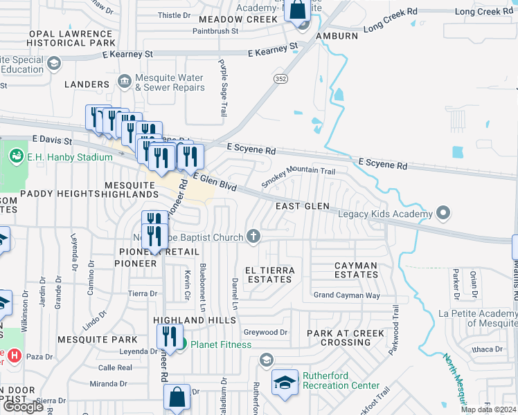 map of restaurants, bars, coffee shops, grocery stores, and more near 416 Seminary Ridge in Mesquite