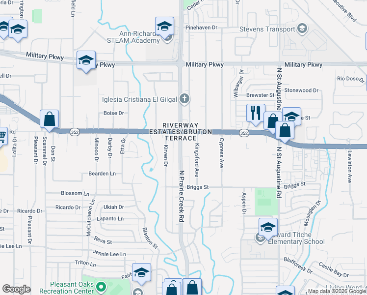 map of restaurants, bars, coffee shops, grocery stores, and more near 2926 North Prairie Creek Road in Dallas