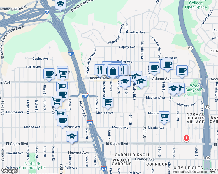 map of restaurants, bars, coffee shops, grocery stores, and more near 4652 33rd Street in San Diego