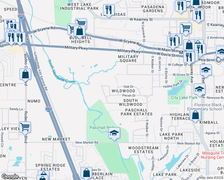 map of restaurants, bars, coffee shops, grocery stores, and more near 418 Bois D Arc Circle in Mesquite