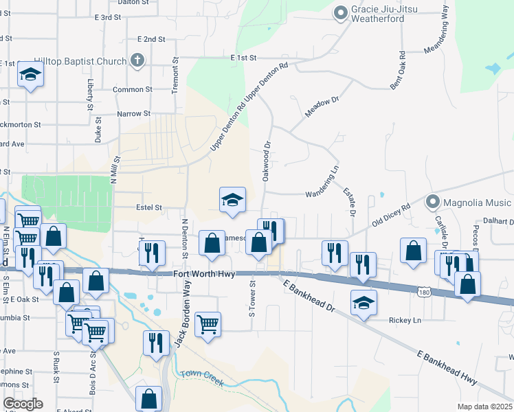 map of restaurants, bars, coffee shops, grocery stores, and more near 103 Oakwood Drive in Weatherford