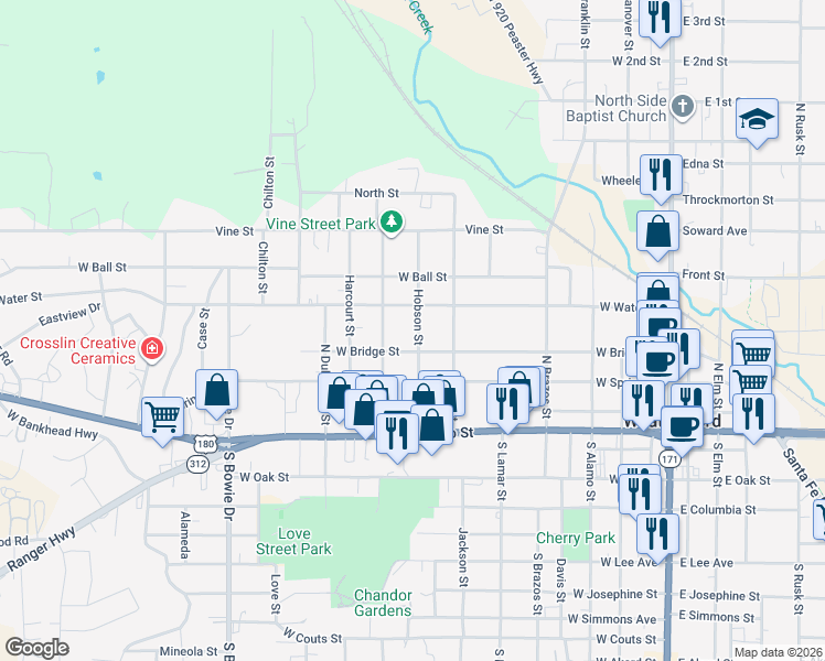 map of restaurants, bars, coffee shops, grocery stores, and more near 705 West Water Street in Weatherford