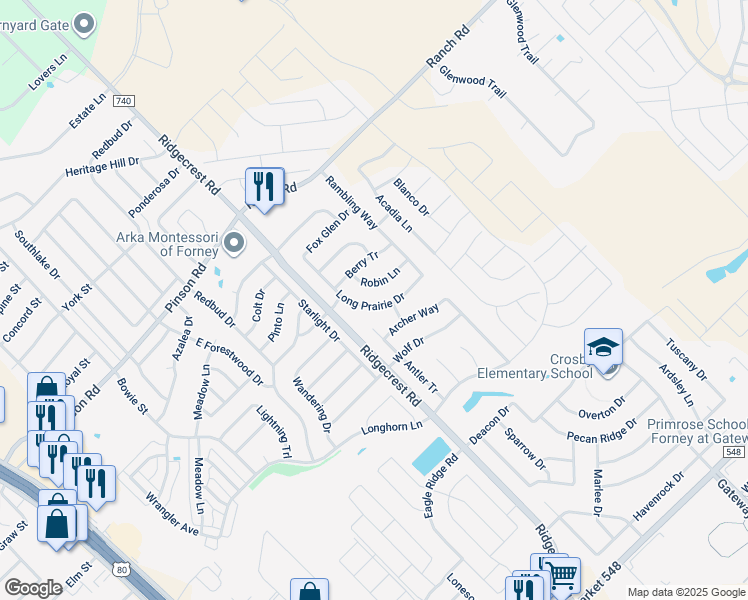 map of restaurants, bars, coffee shops, grocery stores, and more near 214 Long Prairie Drive in Forney