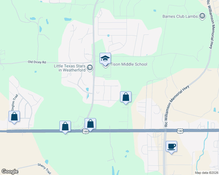 map of restaurants, bars, coffee shops, grocery stores, and more near 129 Cynthia Lane in Weatherford