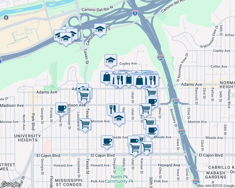 map of restaurants, bars, coffee shops, grocery stores, and more near 4665 Oregon Street in San Diego