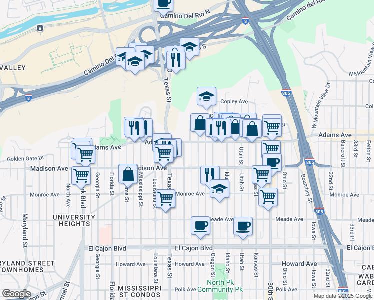 map of restaurants, bars, coffee shops, grocery stores, and more near 4665 Arizona Street in San Diego