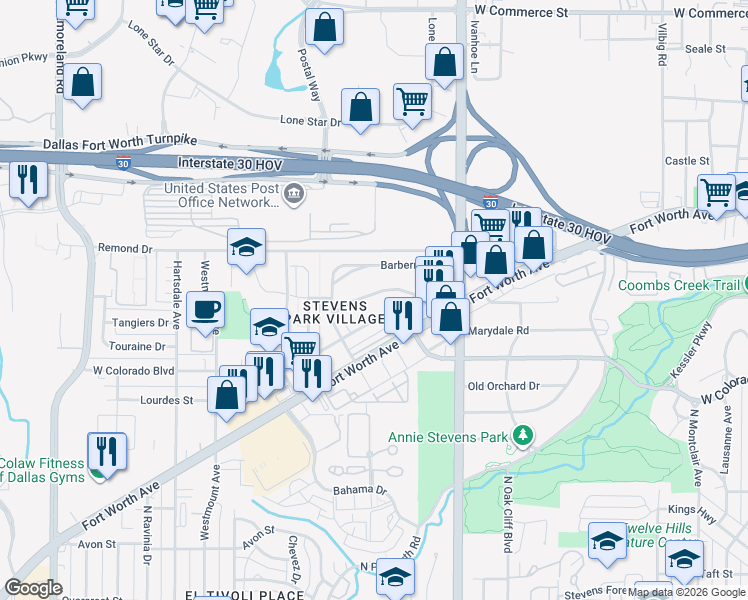 map of restaurants, bars, coffee shops, grocery stores, and more near 2314 Barberry Drive in Dallas