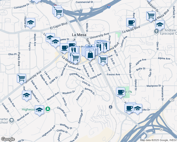 map of restaurants, bars, coffee shops, grocery stores, and more near 4670 Date Avenue in La Mesa