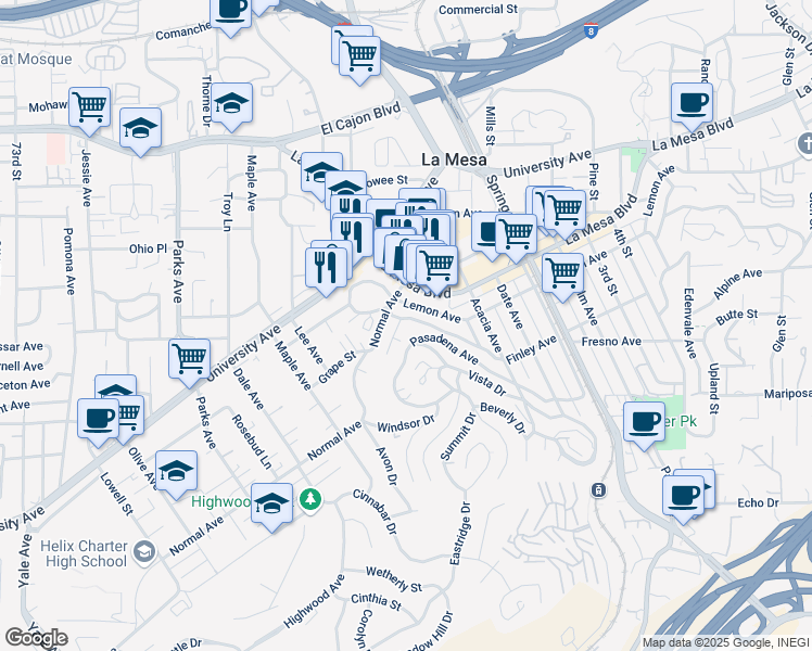 map of restaurants, bars, coffee shops, grocery stores, and more near 8011 Lemon Avenue in La Mesa