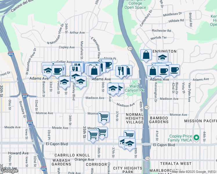 map of restaurants, bars, coffee shops, grocery stores, and more near 4683 Cherokee Avenue in San Diego