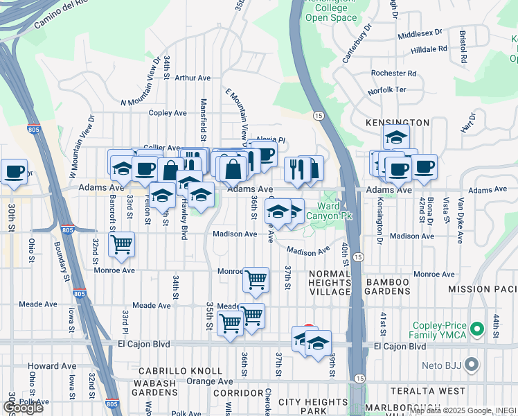 map of restaurants, bars, coffee shops, grocery stores, and more near 3585 Adams Avenue in San Diego