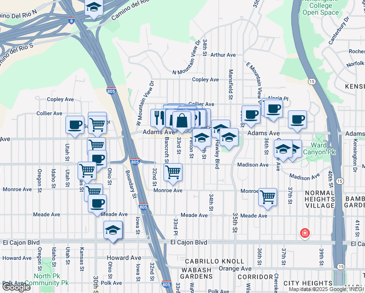 map of restaurants, bars, coffee shops, grocery stores, and more near 4688 33rd Street in San Diego