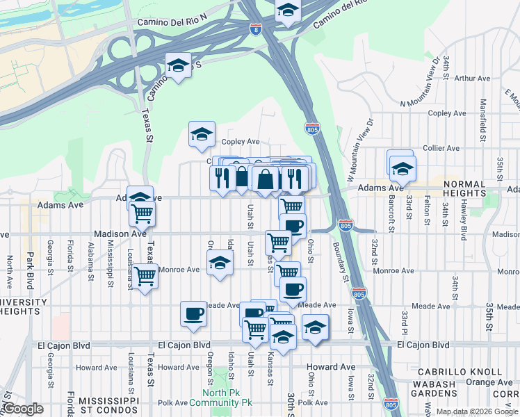 map of restaurants, bars, coffee shops, grocery stores, and more near in San Diego