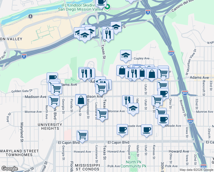 map of restaurants, bars, coffee shops, grocery stores, and more near 2 Adams Avenue in San Diego